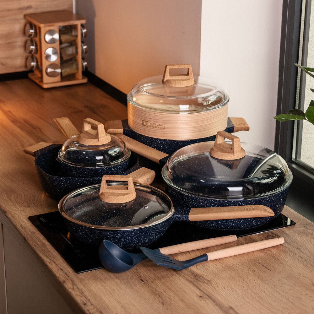 Набір посуду MGC 2 каструлі, 2 сковороди, сотейник, пароварка, ополоник, лопатка, фартух HP-4-412BL Київ - фото 7