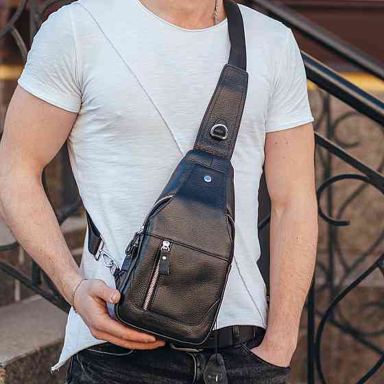 Кожаный черный мужской слинг 18х32х7, сумка рюкзак на одно плечо TIDING BAG A25F-617-1A черная Киев