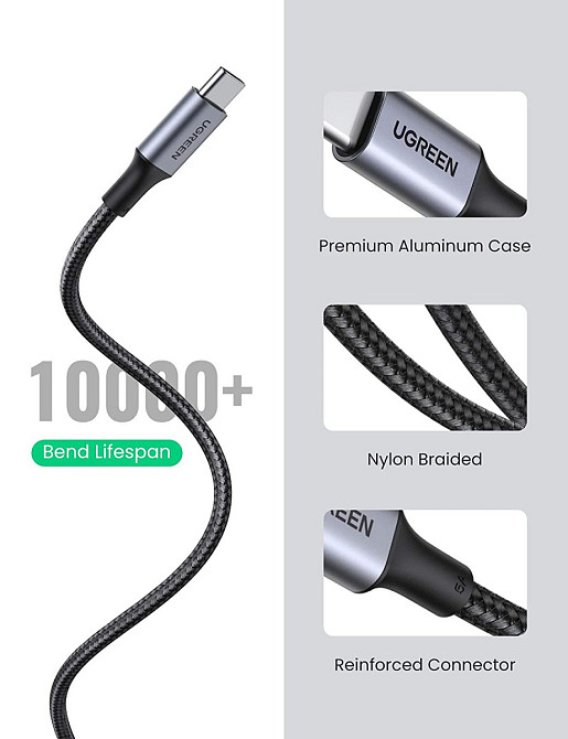 Кабель Ugreen USB Type-C — USB Type-C 5 А 100 W 20478 (Сріблястий, 0.5 м) Миколаїв - фото 8