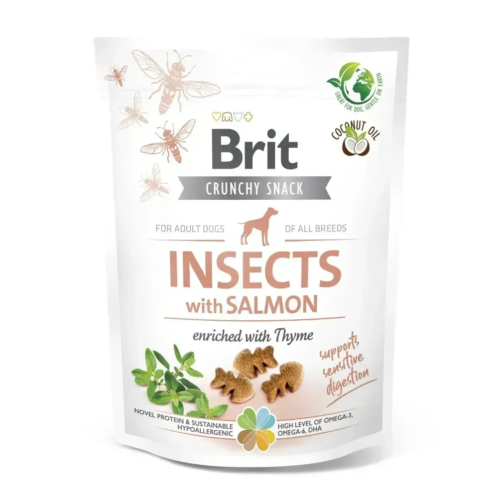 Лакомства для собак Brit Care Dog Crunchy Cracker Insects для чувствительного пищеварения, насекомые, лосось и Винница - изображение 1