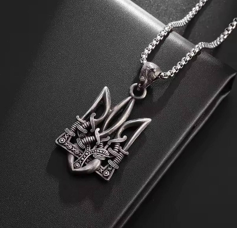 Подвеска Тризуб с мечами на цепочке — патриотический кулон, сталь, 60 см Киев - изображение 3