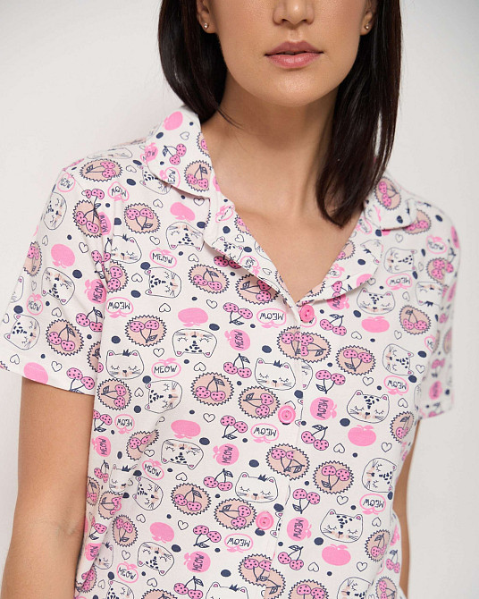 Женская пижама комплект рубашка с шортиками - коты и вишенки Nicoletta 60184 S Киев - изображение 4