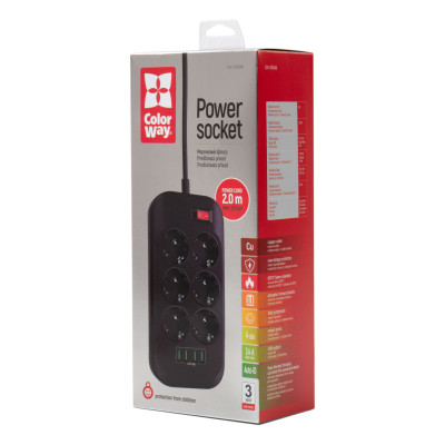 Мережевий фільтр живлення ColorWay CW-CHE64B, 6 розеток/4USB Black (CW-CHE64B) Вінниця - фото 3