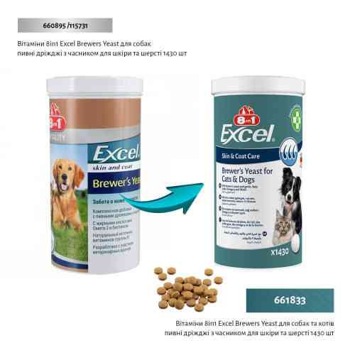 Вітаміни 8in1 Excel Brewers Yeast для собак та котів пивні дріжджі з часником для шкіри та шерсті 1430 шт Київ