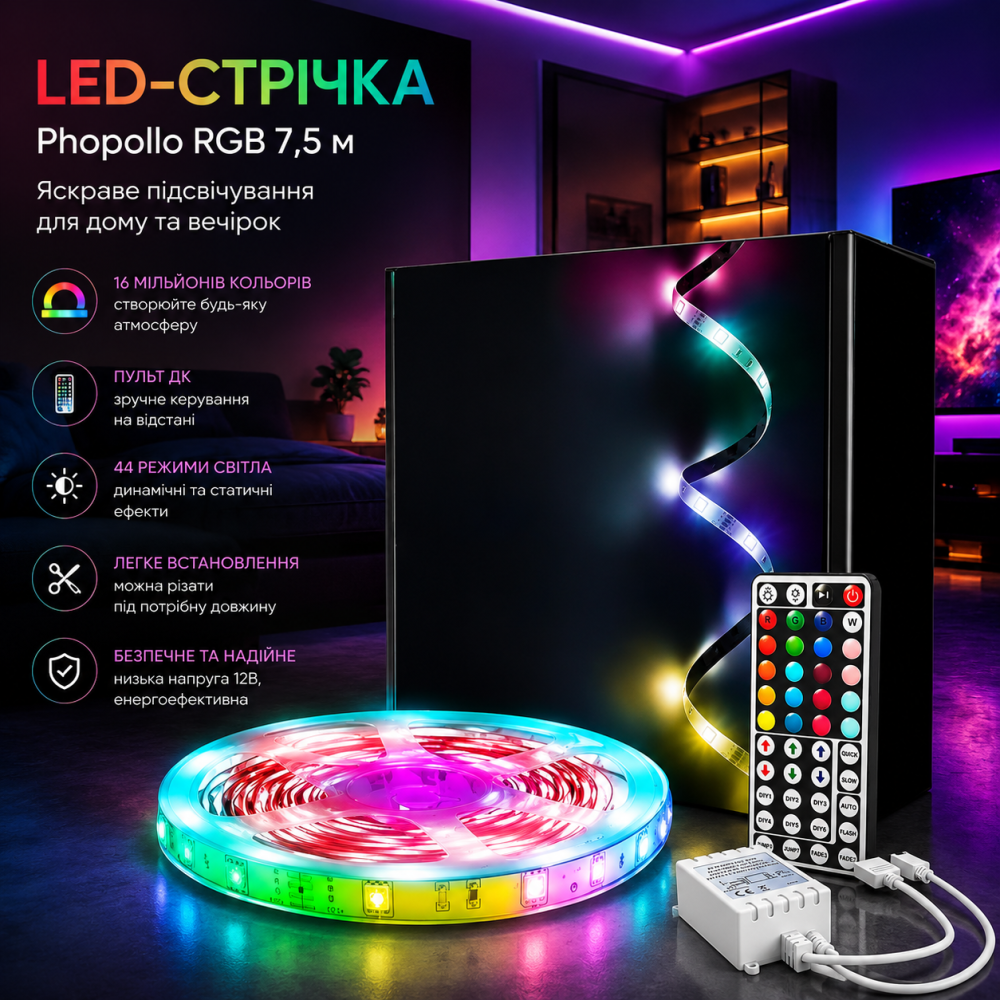 LED-лента Phopollo RGB 7,5 м: многоцветная лента с пультом ДУ и 44 режимами, 12В Киев - изображение 9