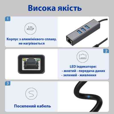 Адаптер USB 3.0 Type-C/Type-A to RJ45 Gigabit Lan, 3*USB 3.0, cable 13 cm Dynamode (DM-AD-GLAN-U3) Винница