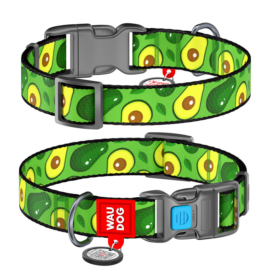 Нашийник для собак нейлоновий WAUDOG Nylon з QR-паспортом, малюнок "Авокадо", пластиковий фастекс, Ш 20 мм, Дл Вінниця - фото 1