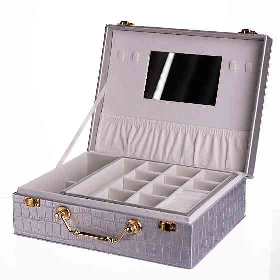 Скринька для прикрас з еко шкіри 19 відділень з дзеркалом 23.5×14×8 см Сірий HP-5-20G Коломыя