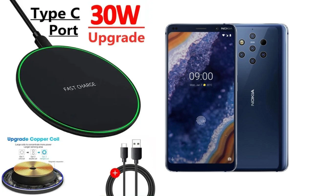Беспроводное зарядное устройство Copper до 30W для Nokia 9 DS, USB-C, LED Киев - изображение 5