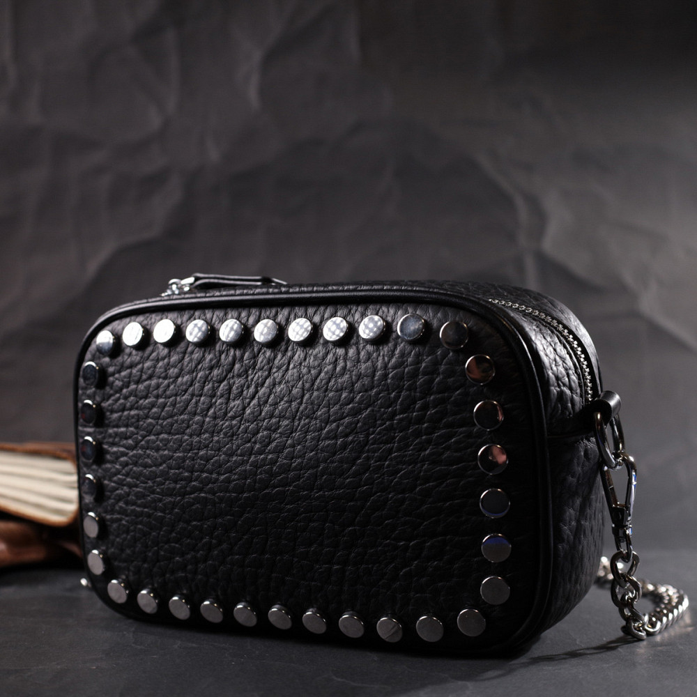 Стильна сумка декорована металевими кнопками з натуральної шкіри Vintage 22333 Чорна Київ - фото 9