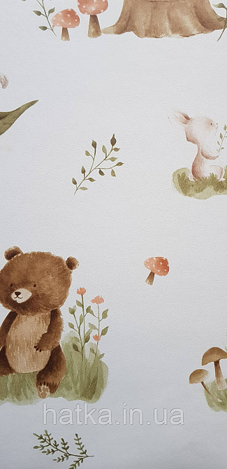 Шпалери флізелінові еко Rasch Kids World II 0.53х10 дитячі ведмедики білки косулі зайці коричневі на білому Київ - фото 3