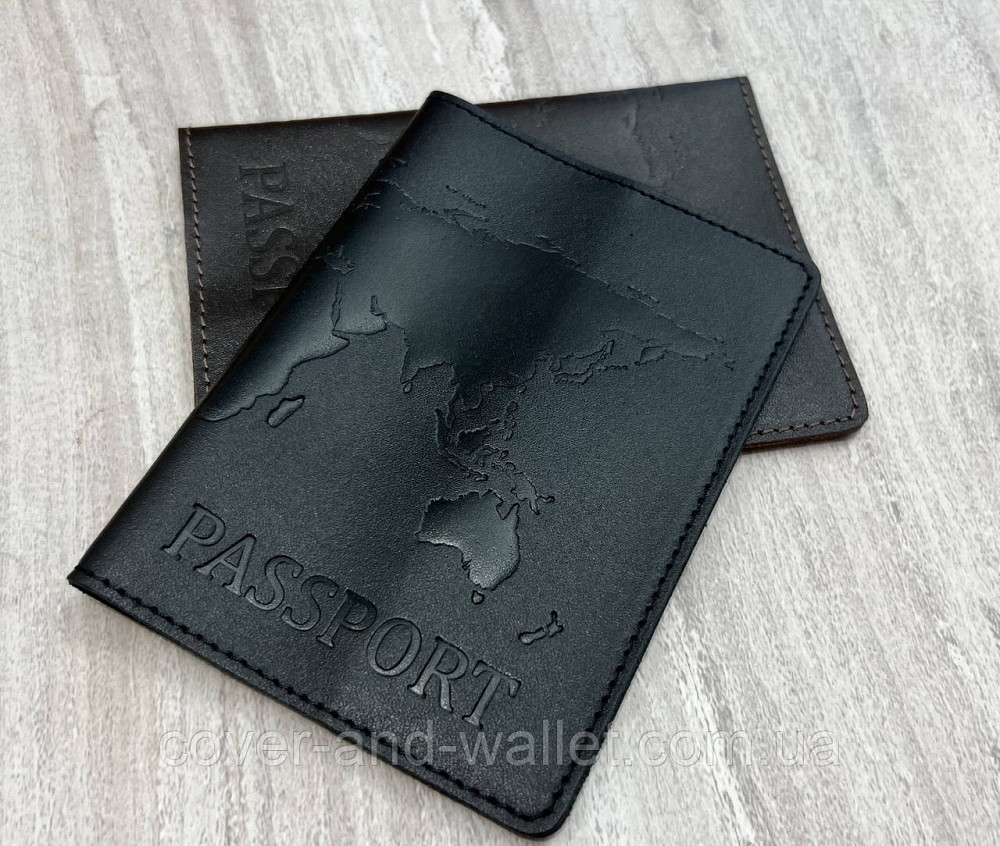 Обкладинка на паспорт карта світу з гладкої шкіри в чорному кольорі ST Leather Київ - фото 13