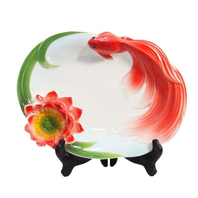 Блюдо Золотая рыбка  29 см китайский лепной костяной фарфор Соусник Лотос Кременчуг - изображение 1