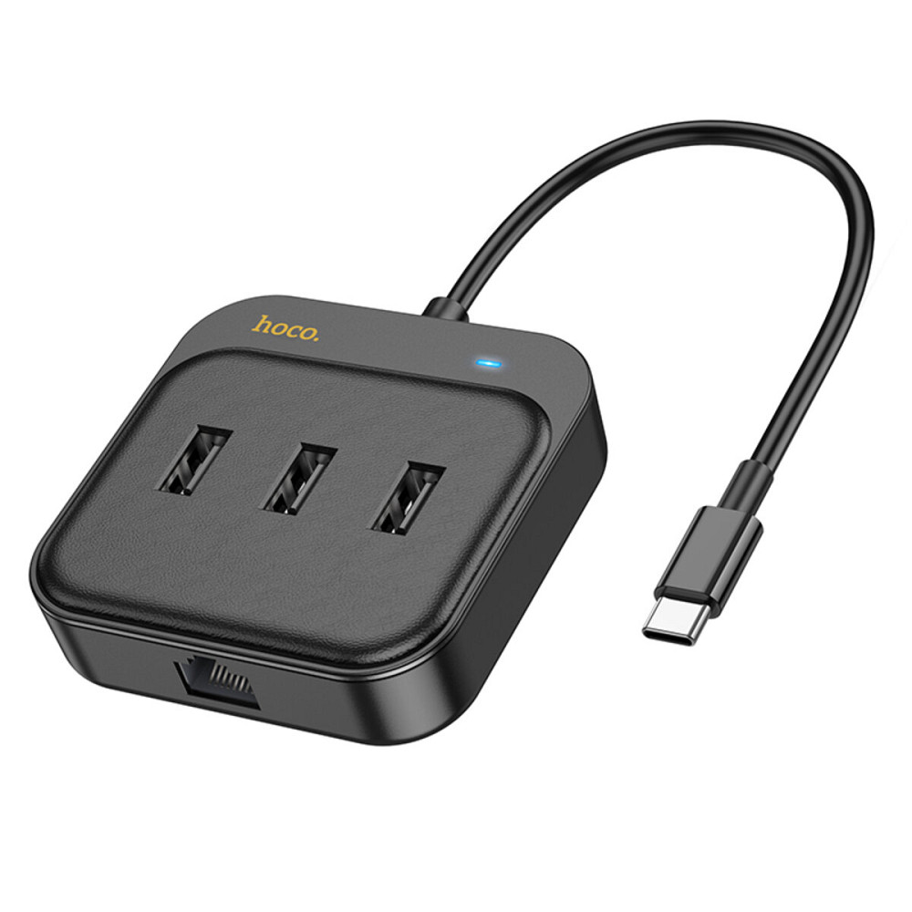 Хаб HOCO HB35 Easy link 4-in-1 100 Mbps Ethernet Adapter(Type-C to USB2.0*3+RJ45)(L=0.2M) Black (6931474798978 ) Київ - фото 3