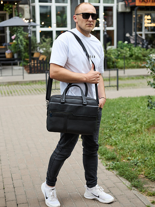 Мужская деловая сумка из кожи 39х29х10, классический портфель для ноутбука и офиса, черный Киев - изображение 9