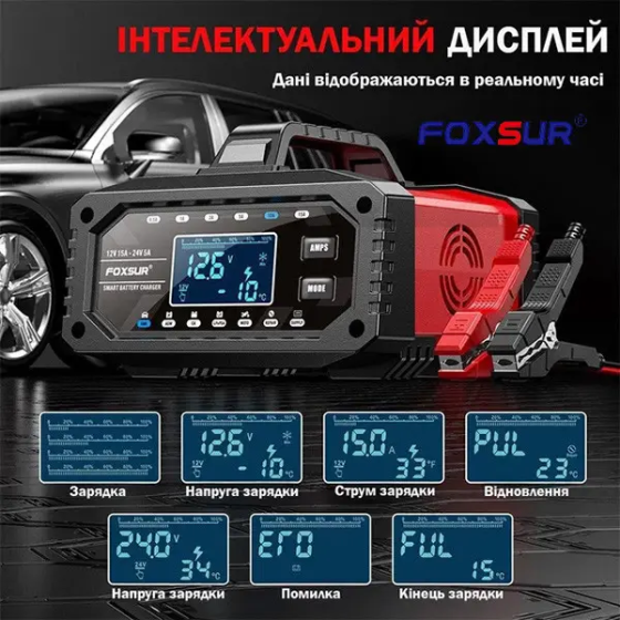 Зарядний пристрій Foxsur 12 V 15 A — 24 V 5 A FAC-150 з режимом блока живлення (Червоний) Вінниця