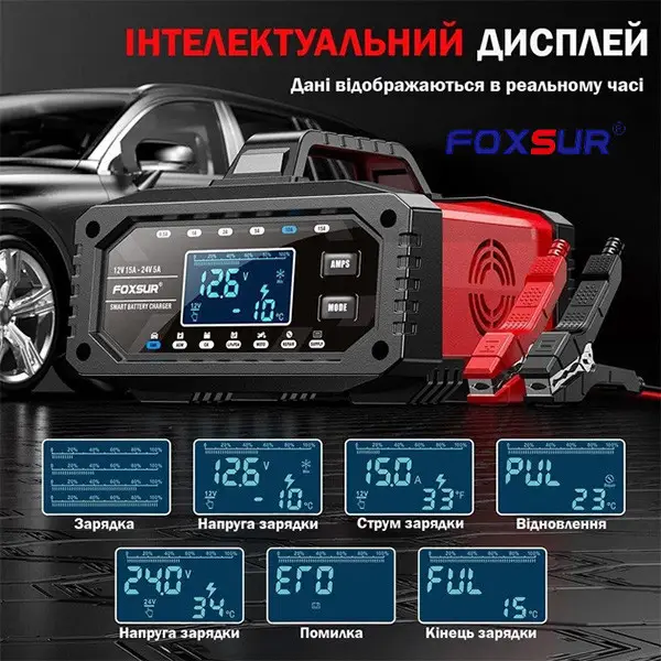 Зарядний пристрій Foxsur 12 V 15 A — 24 V 5 A FAC-150 з режимом блока живлення (Червоний) Вінниця - фото 5
