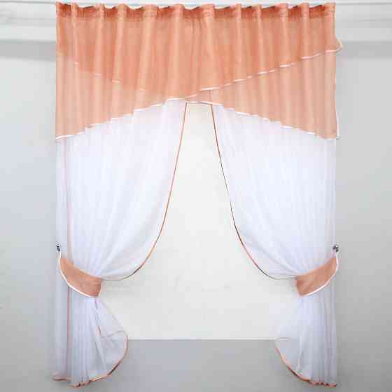 Кухонные шторы VR-Textil № 091к с ламбрекеном и подвязками персиковый с белым 280х170 см (52-0452) Киев