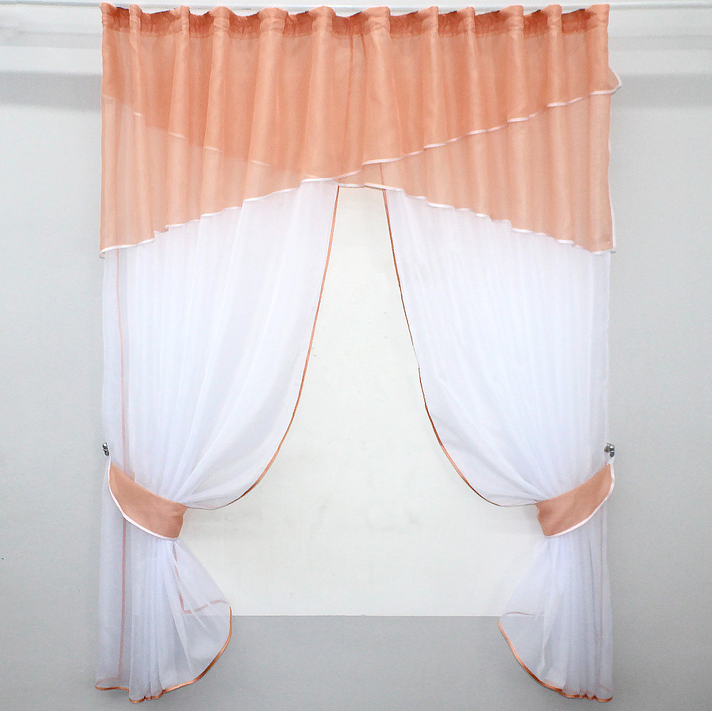 Кухонные шторы VR-Textil № 091к с ламбрекеном и подвязками персиковый с белым 280х170 см (52-0452) Киев - изображение 1