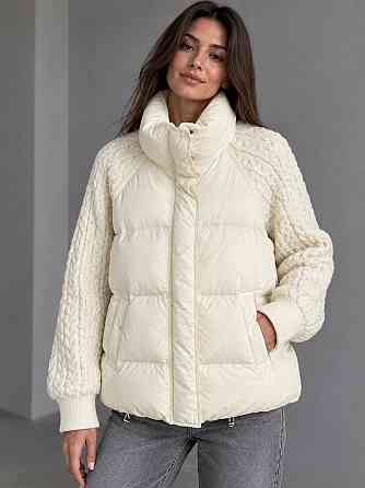 Куртка жіноча YZY 30790 пуховик oversize з в’язаними рукавами демісезонна one size, молочний, one size Київ