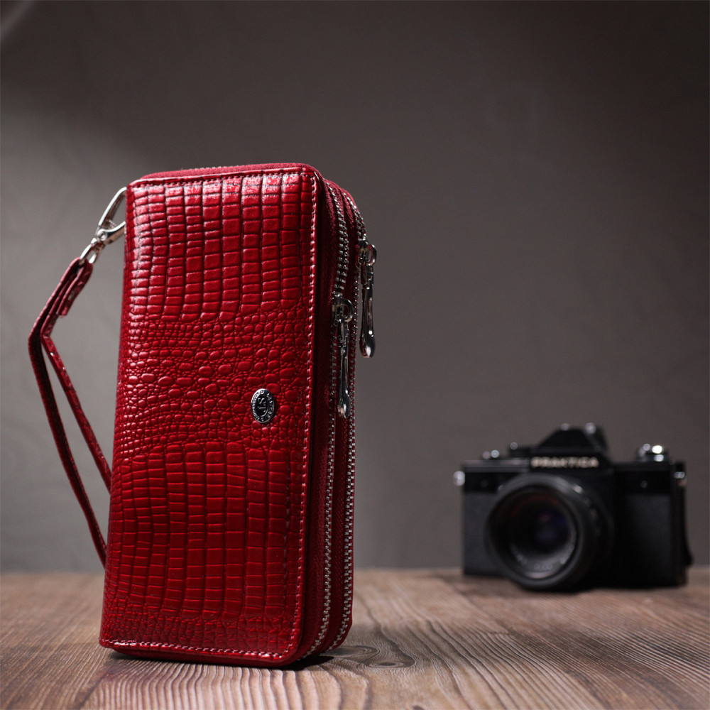 Фактурный клатч на два отделения из лакированной натуральной кожи ST Leather 22692 Красный Киев - изображение 3