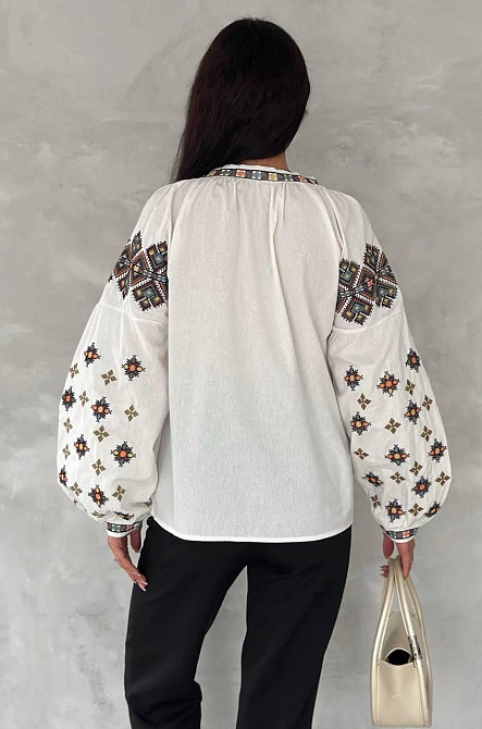 Женская современная вышиванка с объемным рукавом домотканый лен Белый, 46 Одесса - изображение 4