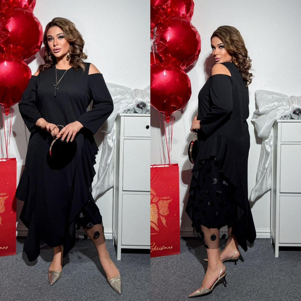 Жіноча вечірня стильна сукня з відкритими плечима,  крепдайвінг+ євросітка з 3Д кружочками Одеса - фото 10