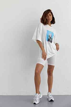 Костюм с футболкой oversize и велосипедками, молочный, S, летний хлопковый трикотаж. Лубны