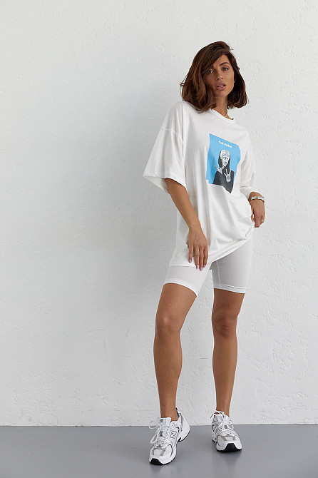 Костюм с футболкой oversize и велосипедками, молочный, S, летний хлопковый трикотаж. Лубны - изображение 5