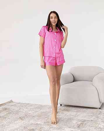 Піжама жіноча з сатину з шортами і сорочкою Малинова XL/2XL Харків