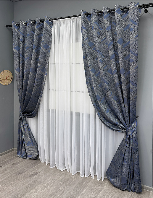 Комплект штор на люверсах VR-Textil Жаккард Mystery № 1627ш Серый с темно-синим 150х270 см 2 шт (37-0204) Киев - изображение 3