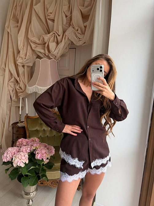 Женский стильный летний льняной костюм с кружевом Шоколад, 42/46 Одесса - изображение 2