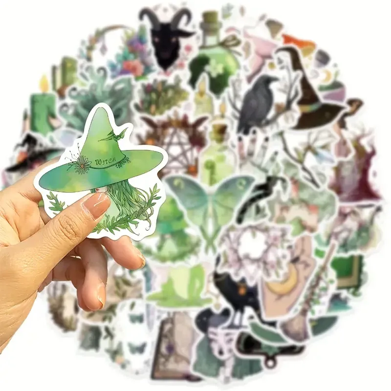 Набір відьомських стікерів – 50 шт, до 5,6 см, водостійкі наліпки: книги заклять, капелюх, зілля, місяць, рослини Київ - фото 1