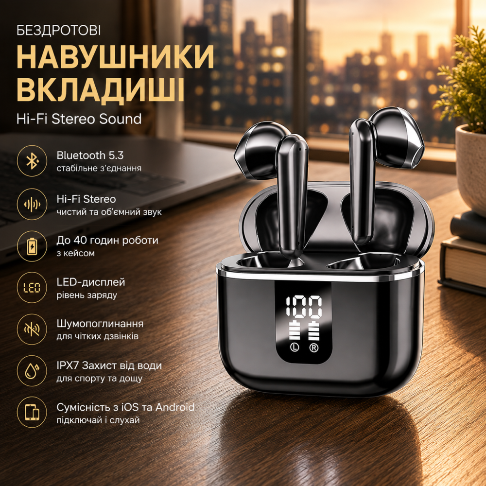 Беспроводные наушники-вкладыши Bluetooth 5.3, Hi-Fi Stereo, до 40 часов работы, LED-дисплей, шумоподавление, IPX7, для iOS и Andro Киев - изображение 1