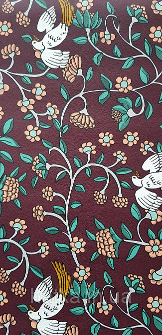 Шпалери вінілові на флізеліні Rasch Clasik 0,53х10 райські пташки квіти листя гілки яскраві білі на бордовому Київ - фото 2