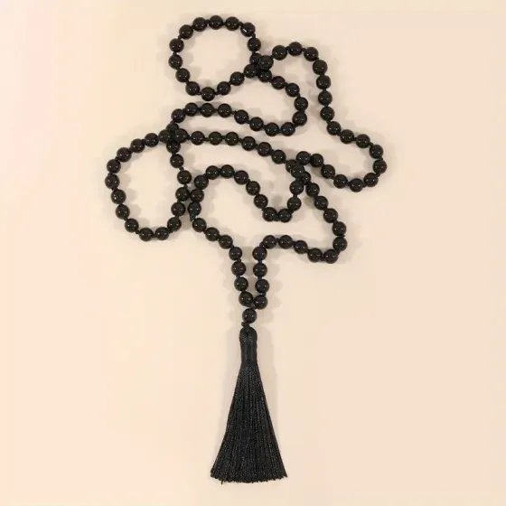 Намисто-чотки з чорного оніксу 86 см – натуральний камінь, оберіг з китицею Київ