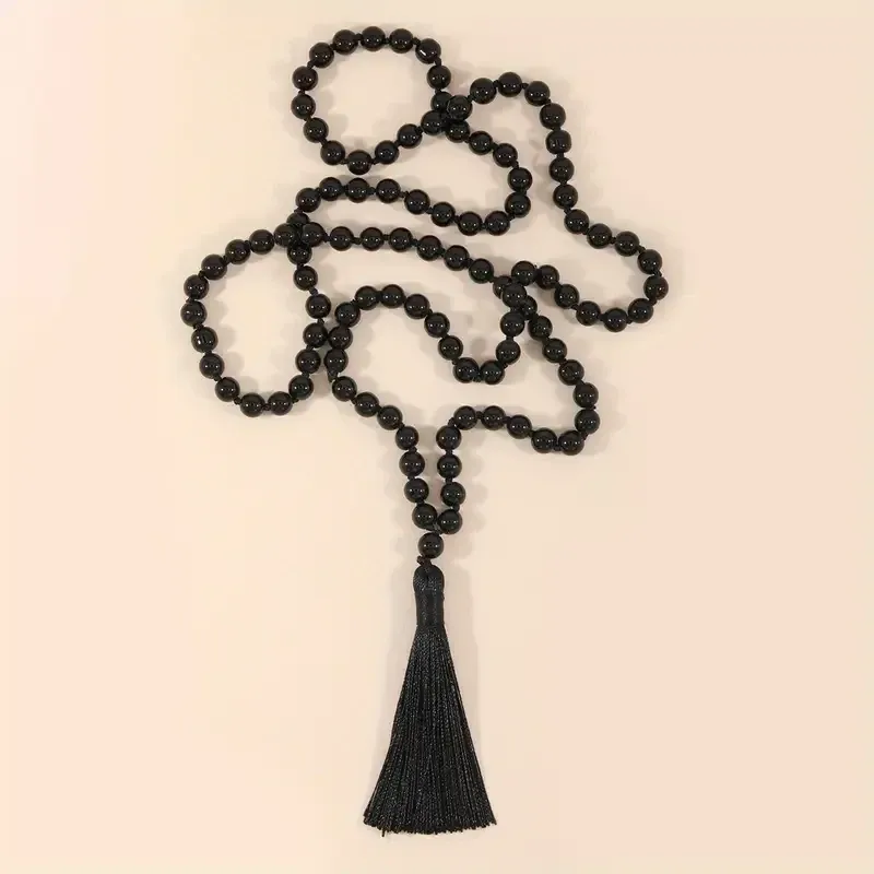 Намисто-чотки з чорного оніксу 86 см – натуральний камінь, оберіг з китицею Київ - фото 1