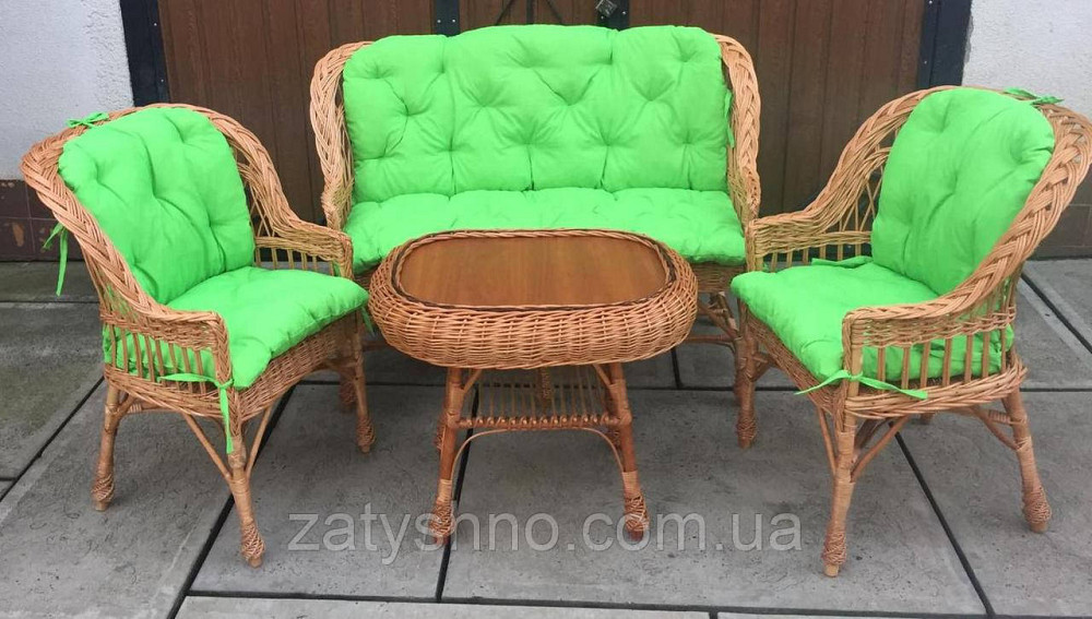 Комплект плетених меблів зі столом |  Меблі із салатовими накидками | меблі дачні Київ - фото 4