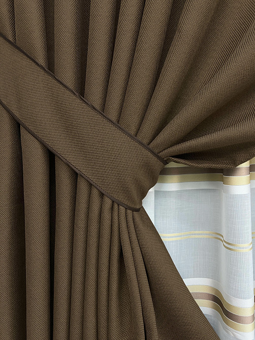 Комплект штор VR-Textil Льон Мішковина 100х270 2шт і Тюль 300х270 277ш-1579т Коричневий з молочним 71-159/1 Київ - фото 4