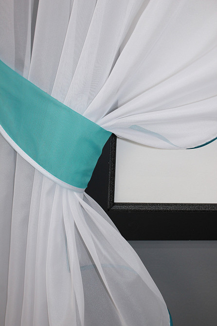 Кухонные шторы VR-Textil № 091к с ламбрекеном и подвязками лазурный с белым 280х170 см (50-374) Киев - изображение 3