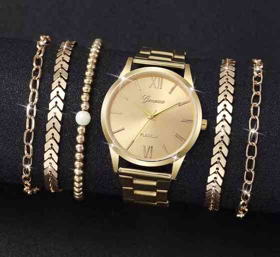 Подарунковий набір для жінок 1 наручний годинник з 5 браслетами без подарункової коробки золотий Київ