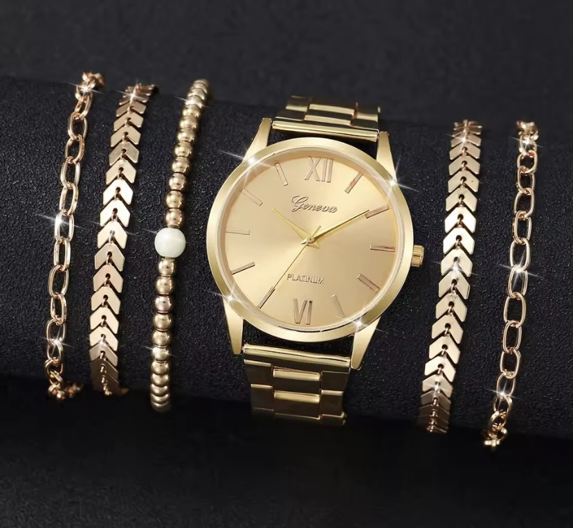 Подарунковий набір для жінок 1 наручний годинник з 5 браслетами без подарункової коробки золотий Київ - фото 2