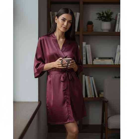 Халат женский шелковый под пояс длина 90см Бордовый 3XL/4XL Харьков