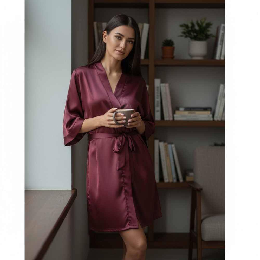 Халат женский шелковый под пояс длина 90см Бордовый 3XL/4XL Харьков - изображение 4