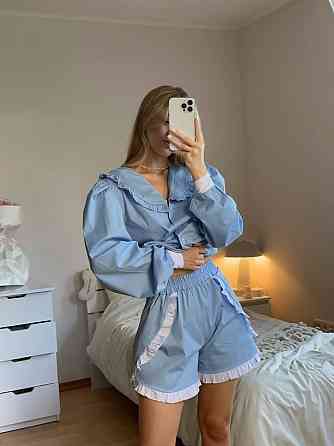 Женский летний костюм двойка: рубашка и шорты в пижамном стиле коттон Одесса