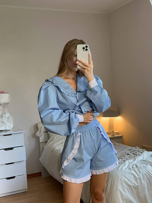 Женский летний костюм двойка: рубашка и шорты в пижамном стиле коттон Одесса - изображение 6