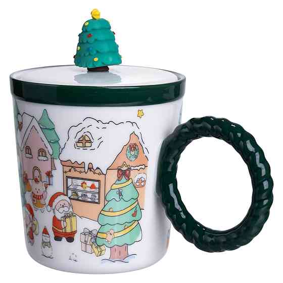 Чашка порцелянова з кришкою Ялинка 400 (мл) Зелена Yiwu FM-CS-36B Коломия