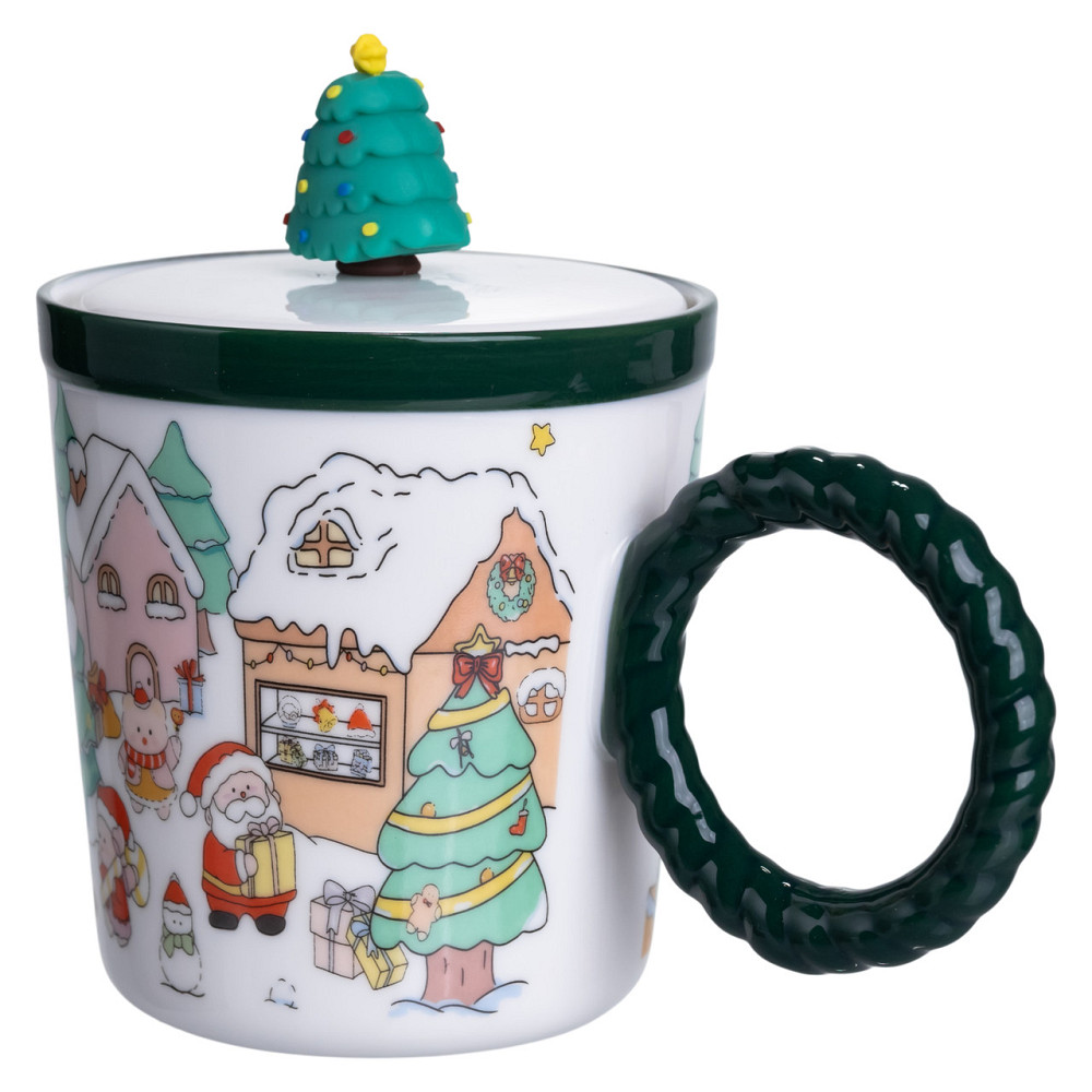 Чашка порцелянова з кришкою Ялинка 400 (мл) Зелена Yiwu FM-CS-36B Коломия - фото 4