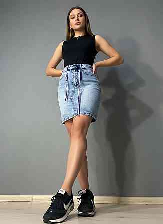 Спідниця жіноча джинсова Vanver 2033 пряма коротка з поясом стрейчева блакитна, блакитний, 30, 30, 79 см, 105 см Київ