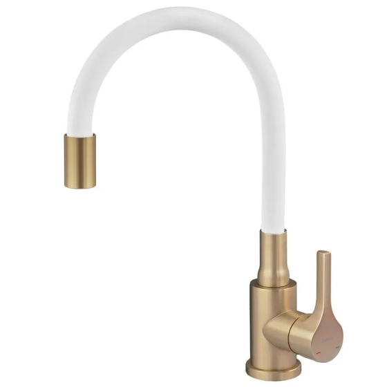 Змішувач для кухні Zerix Rex-011 Brushed Gold Refl.White з нержавіючої сталі (Колір матове золото+силіконовий вилив білий) ( 21688 Харьков